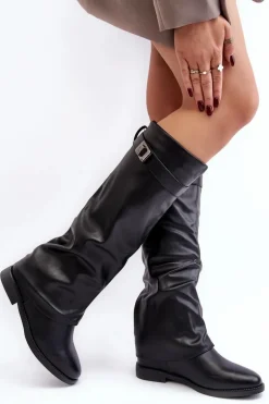 Damskie Kozaki Na Płaskim Obcasie Z Marszczoną Cholewką Czarne Tercella