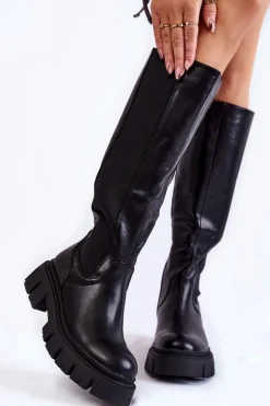 Damskie Kozaki Na Platformie Do Kolana Czarne Milania