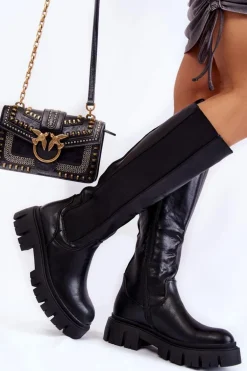 Damskie Kozaki Na Platformie Do Kolana Czarne Milania