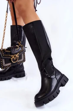 Damskie Kozaki Na Platformie Do Kolana Czarne Milania