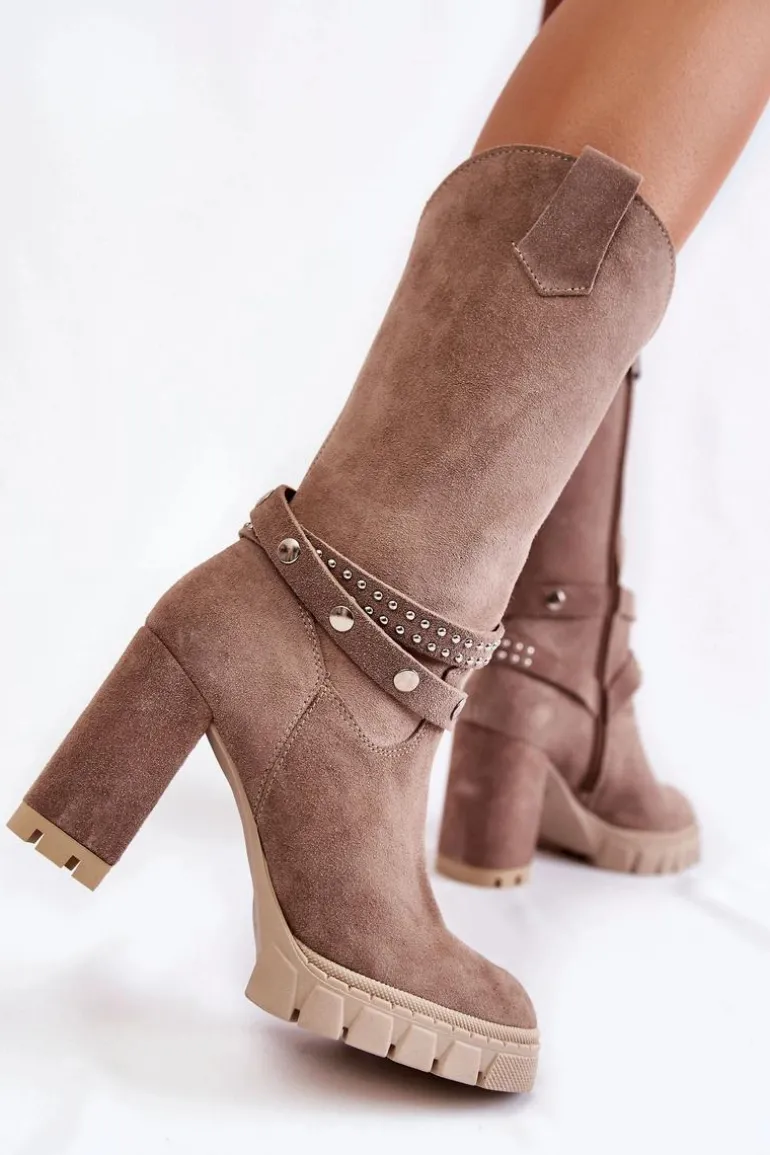 Damskie Kozaki Na Słupku Lewski Shoes 3246 Cappucino