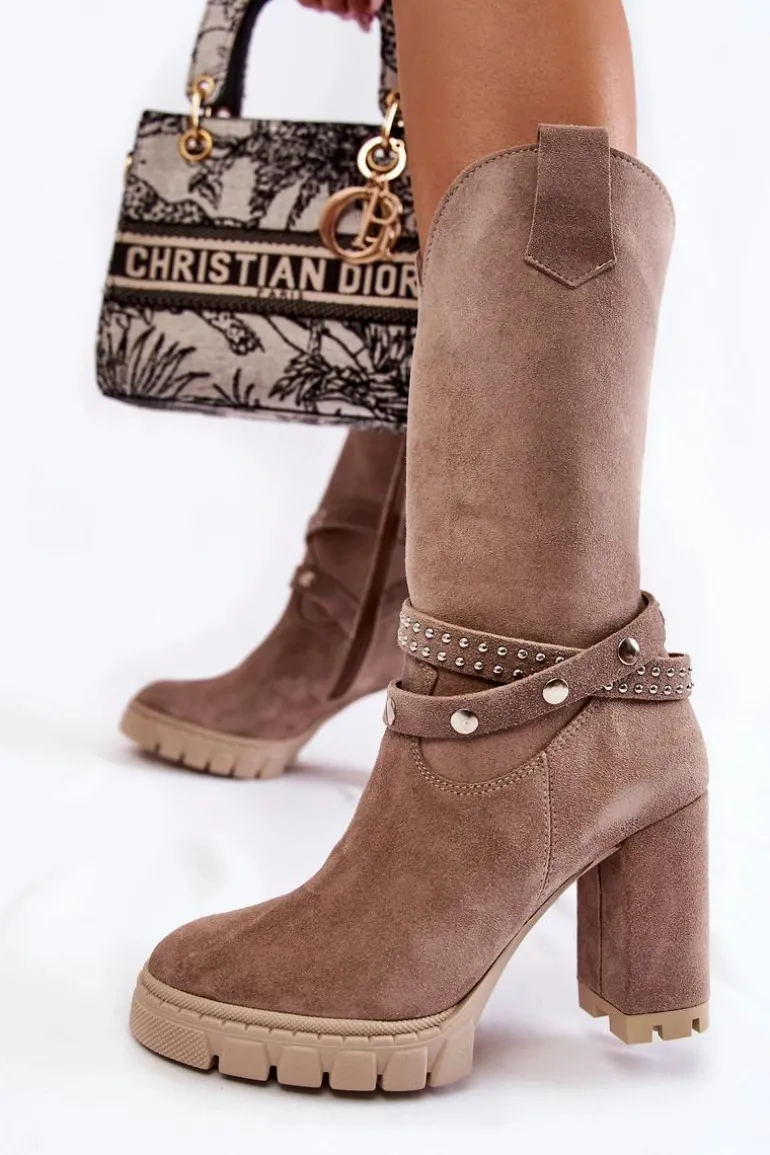 Damskie Kozaki Na Słupku Lewski Shoes 3246 Cappucino