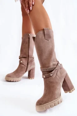 Damskie Kozaki Na Słupku Lewski Shoes 3246 Cappucino