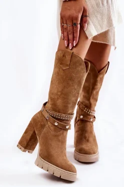 Damskie Kozaki Na Słupku Lewski Shoes 3246 Beżowe