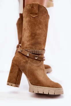 Damskie Kozaki Na Słupku Lewski Shoes 3246 Beżowe