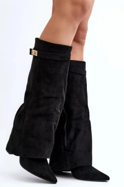 Damskie Kozaki Na Słupku Przed Kolano Czarne Portora