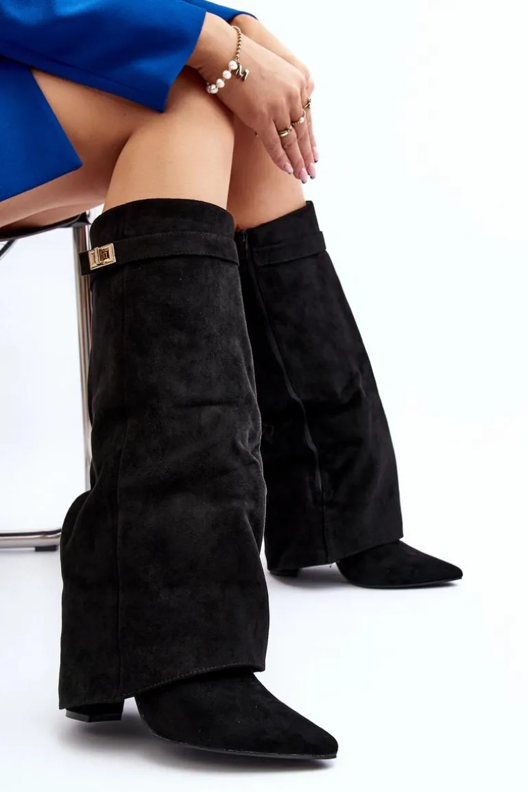 Damskie Kozaki Na Słupku Przed Kolano Czarne Portora