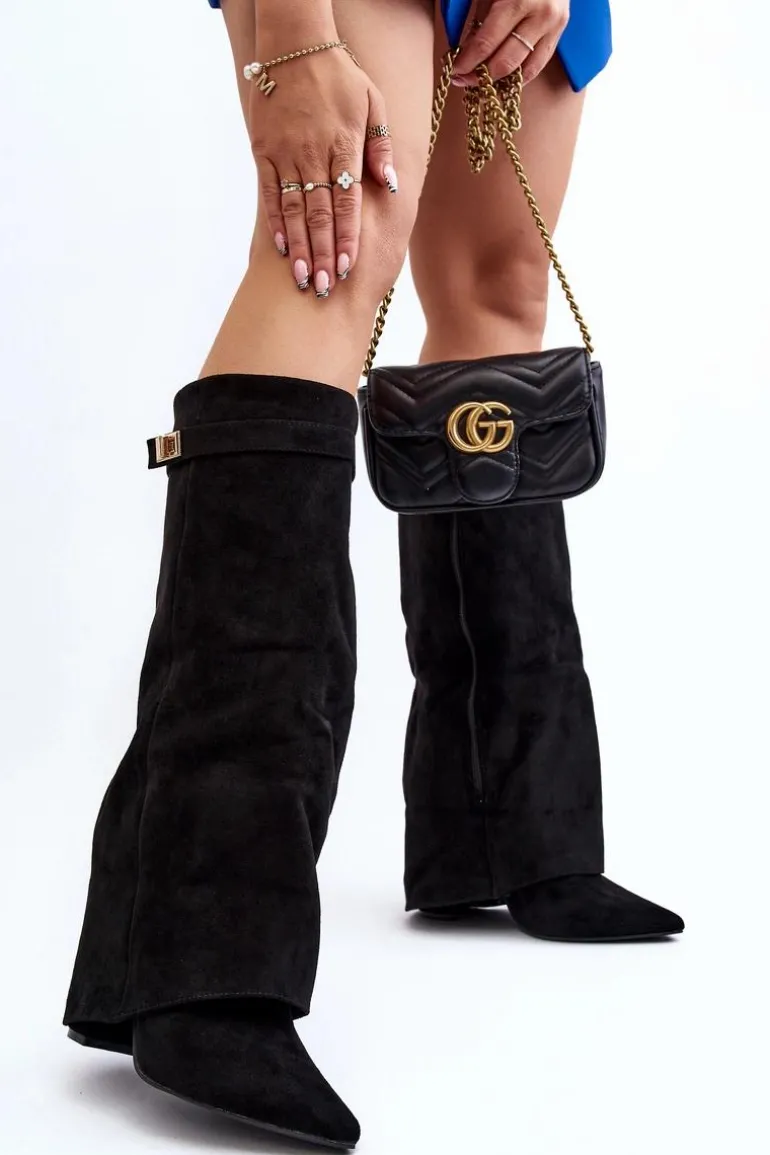 Damskie Kozaki Na Słupku Przed Kolano Czarne Portora