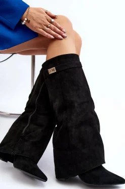 Damskie Kozaki Na Słupku Przed Kolano Czarne Portora