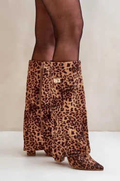 Damskie Kozaki Na Słupku Przed Kolano Panterka Brązowe Portora