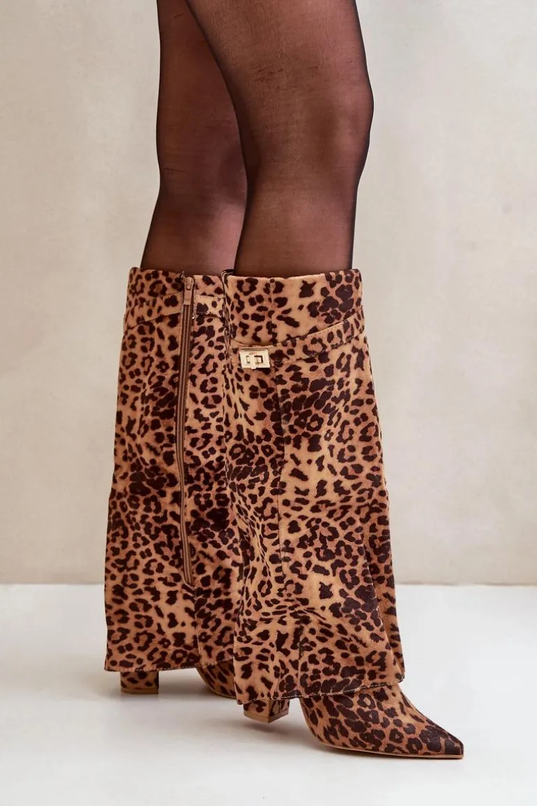 Damskie Kozaki Na Słupku Przed Kolano Panterka Brązowe Portora