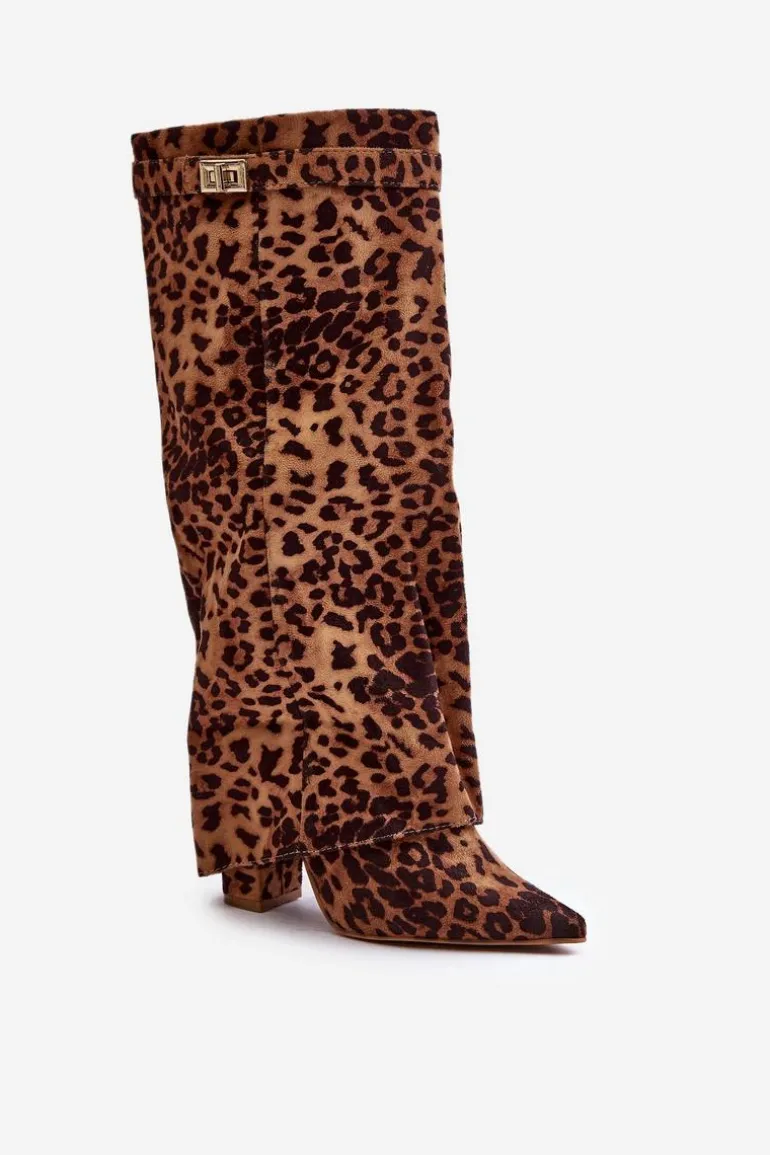 Damskie Kozaki Na Słupku Przed Kolano Panterka Brązowe Portora