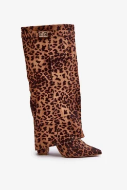 Damskie Kozaki Na Słupku Przed Kolano Panterka Brązowe Portora