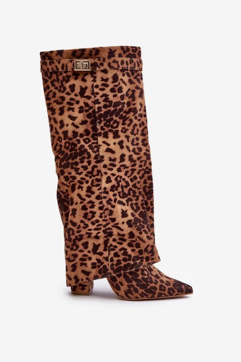 Damskie Kozaki Na Słupku Przed Kolano Panterka Brązowe Portora