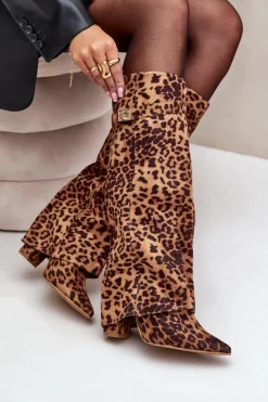 Damskie Kozaki Na Słupku Przed Kolano Panterka Brązowe Portora