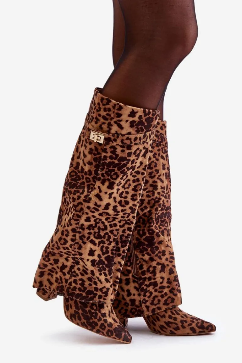 Damskie Kozaki Na Słupku Przed Kolano Panterka Brązowe Portora