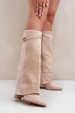 Damskie Kozaki Na Słupku Przed Kolano Jasnobeżowe Portora