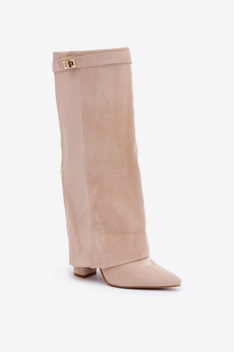 Damskie Kozaki Na Słupku Przed Kolano Jasnobeżowe Portora