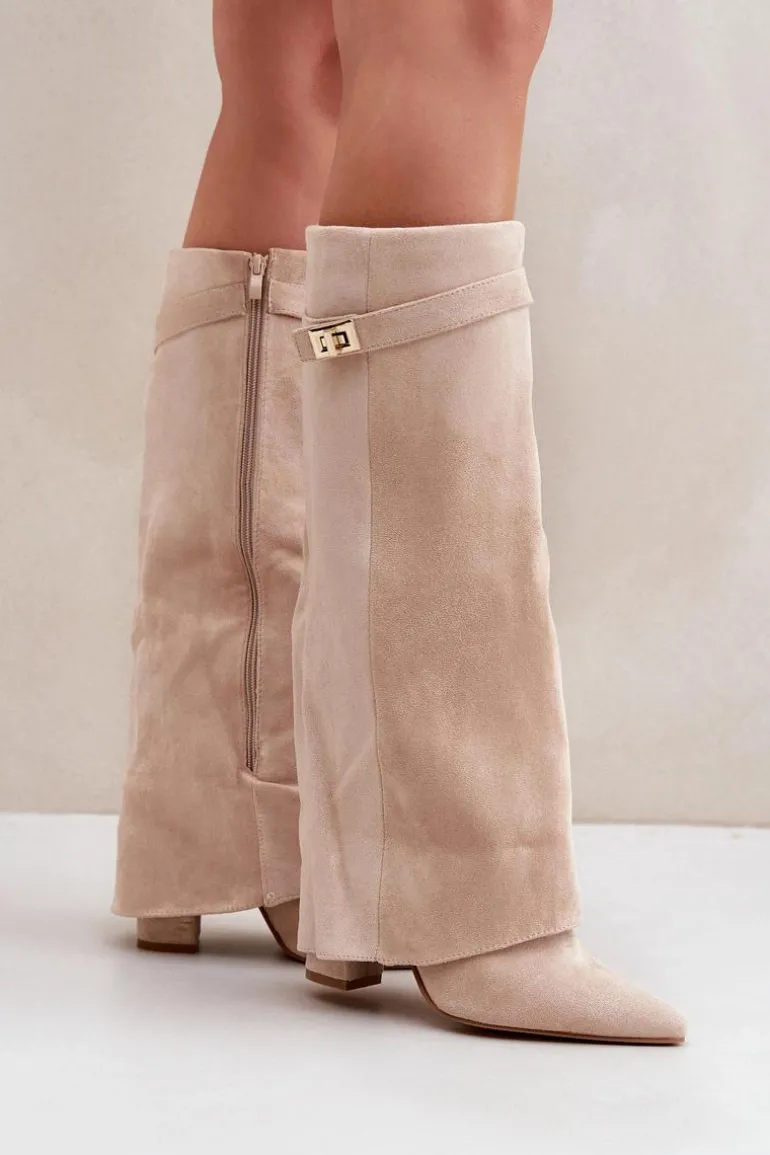 Damskie Kozaki Na Słupku Przed Kolano Jasnobeżowe Portora