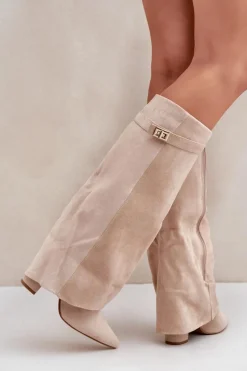 Damskie Kozaki Na Słupku Przed Kolano Jasnobeżowe Portora