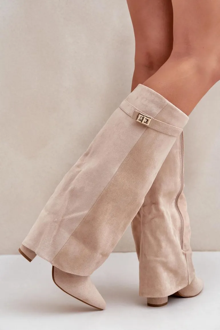 Damskie Kozaki Na Słupku Przed Kolano Jasnobeżowe Portora