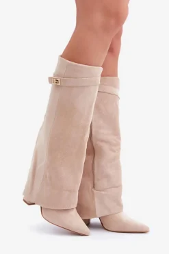 Damskie Kozaki Na Słupku Przed Kolano Jasnobeżowe Portora