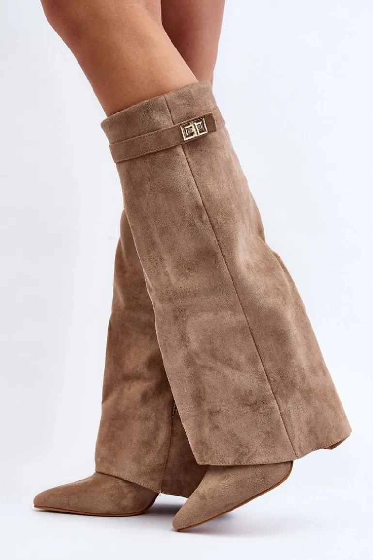 Damskie Kozaki Na Słupku Przed Kolano Beżowe Portora