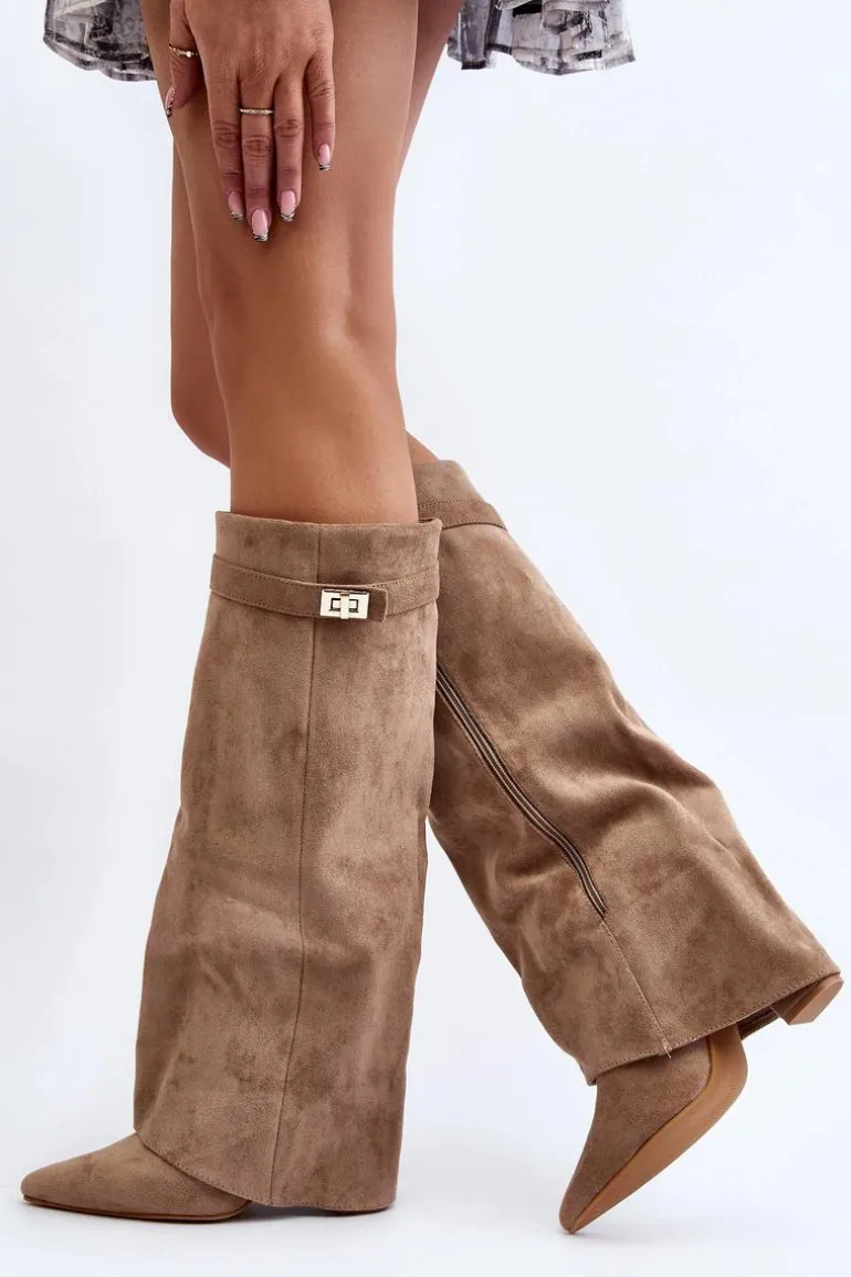 Damskie Kozaki Na Słupku Przed Kolano Beżowe Portora