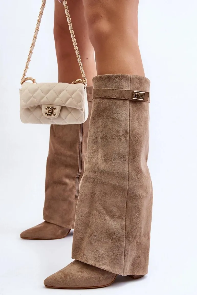 Damskie Kozaki Na Słupku Przed Kolano Beżowe Portora