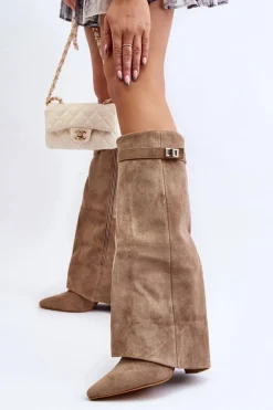 Damskie Kozaki Na Słupku Przed Kolano Beżowe Portora