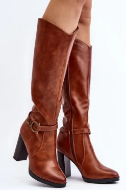 Damskie Kozaki Na Słupku Z Ozdobą Przed Kolano Camel Rahallis