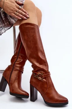 Damskie Kozaki Na Słupku Z Ozdobą Przed Kolano Camel Rahallis