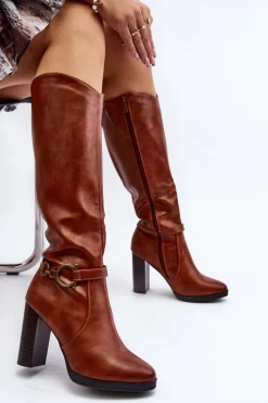 Damskie Kozaki Na Słupku Z Ozdobą Przed Kolano Camel Rahallis