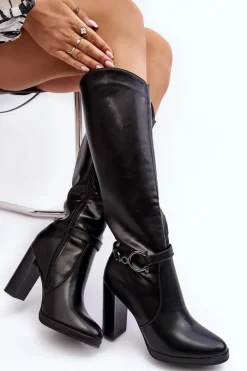 Damskie Kozaki Na Słupku Z Ozdobą Przed Kolano Czarne Rahallis