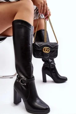 Damskie Kozaki Na Słupku Z Ozdobą Przed Kolano Czarne Rahallis