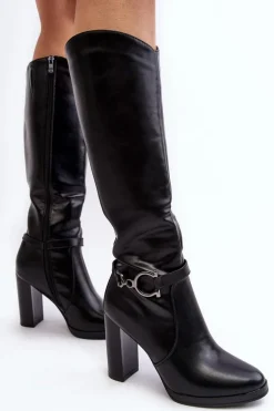 Damskie Kozaki Na Słupku Z Ozdobą Przed Kolano Czarne Rahallis