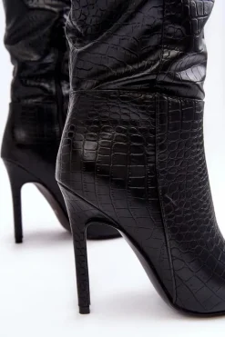 Damskie Kozaki Na Szpilce Zwierzęcy Wzór Czarne Mambra