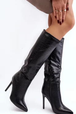 Damskie Kozaki Na Szpilce Zwierzęcy Wzór Czarne Mambra