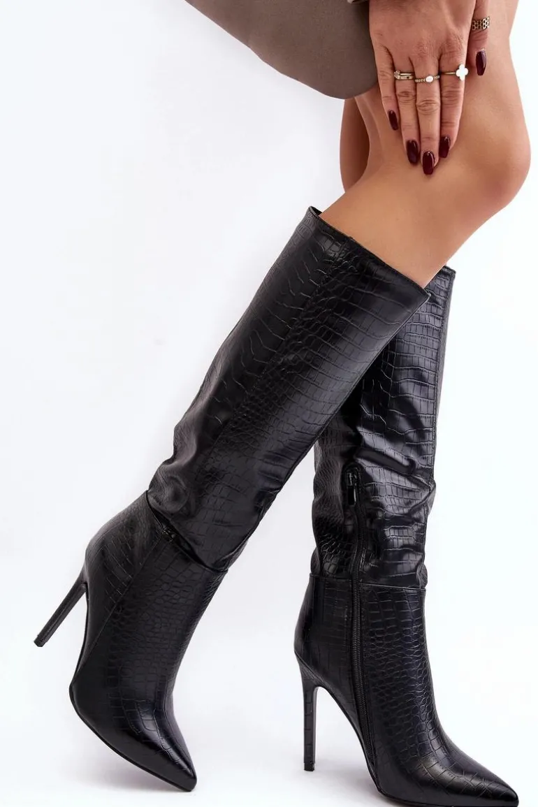 Damskie Kozaki Na Szpilce Zwierzęcy Wzór Czarne Mambra