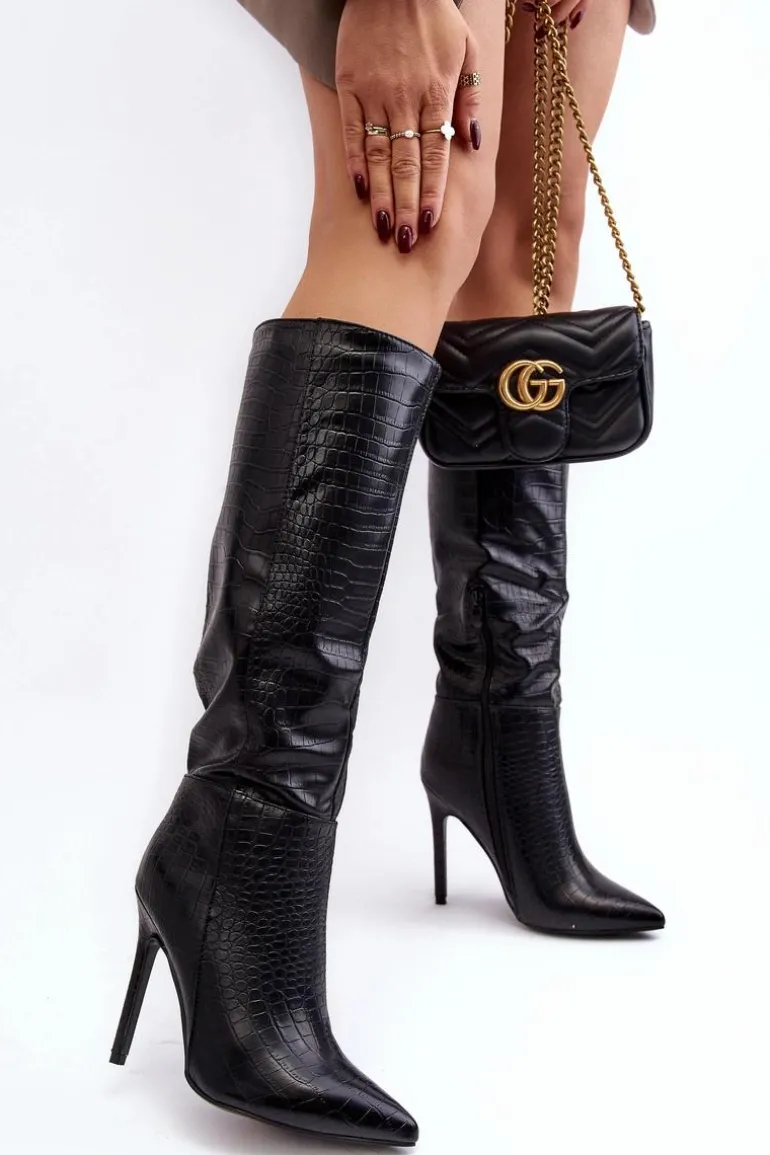 Damskie Kozaki Na Szpilce Zwierzęcy Wzór Czarne Mambra