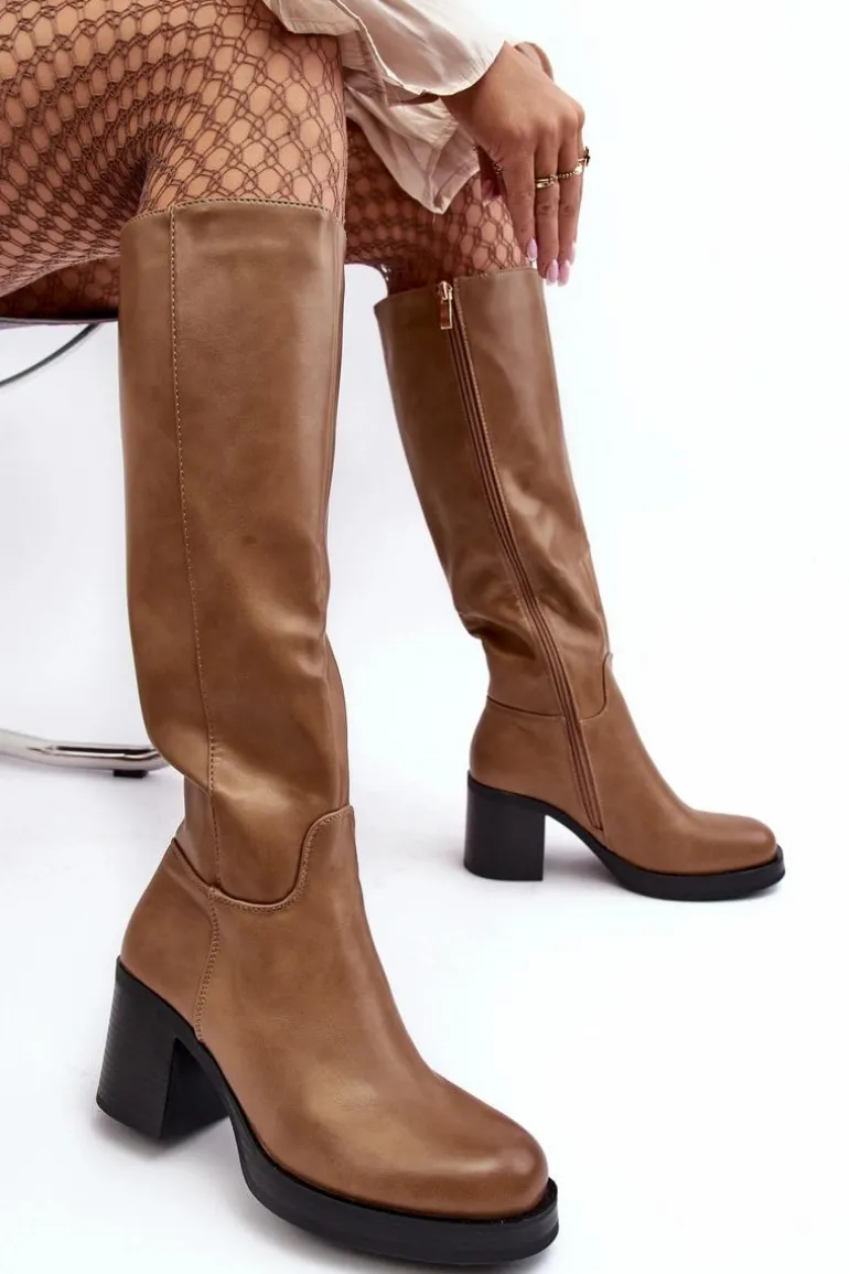 Damskie Kozaki Ocieplane Na Słupku Ciemnobeżowe Theisen