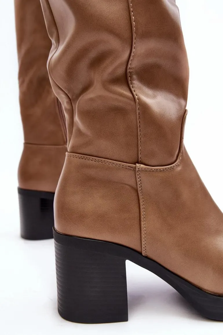 Damskie Kozaki Ocieplane Na Słupku Ciemnobeżowe Theisen