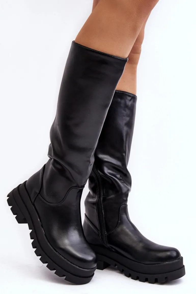Damskie Kozaki Przed Kolano Na Grubej Podeszwie Czarne Beatrizia