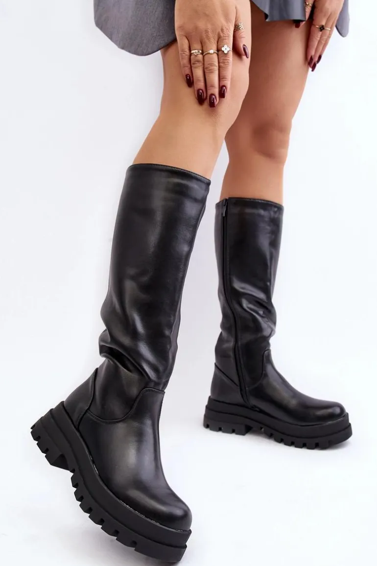 Damskie Kozaki Przed Kolano Na Grubej Podeszwie Czarne Beatrizia