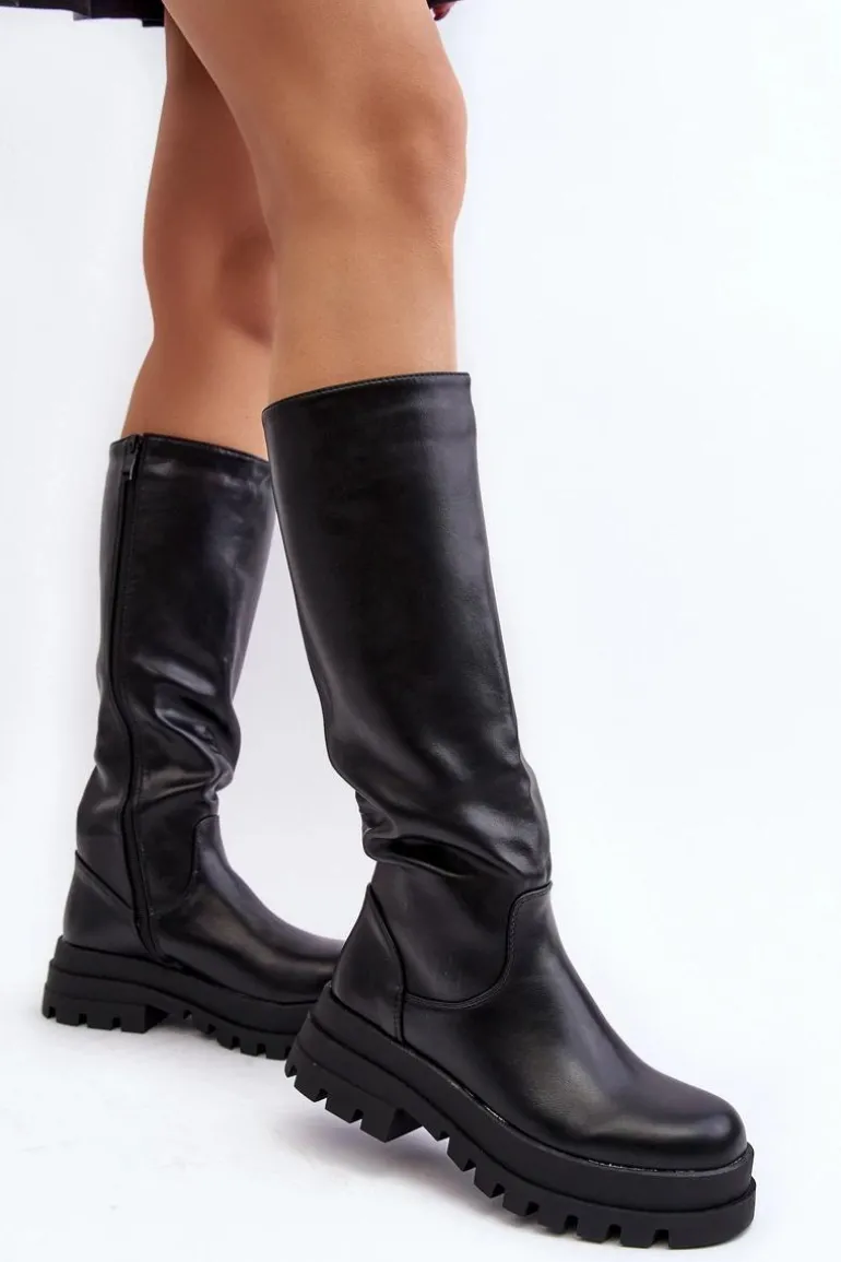 Damskie Kozaki Przed Kolano Na Grubej Podeszwie Czarne Beatrizia