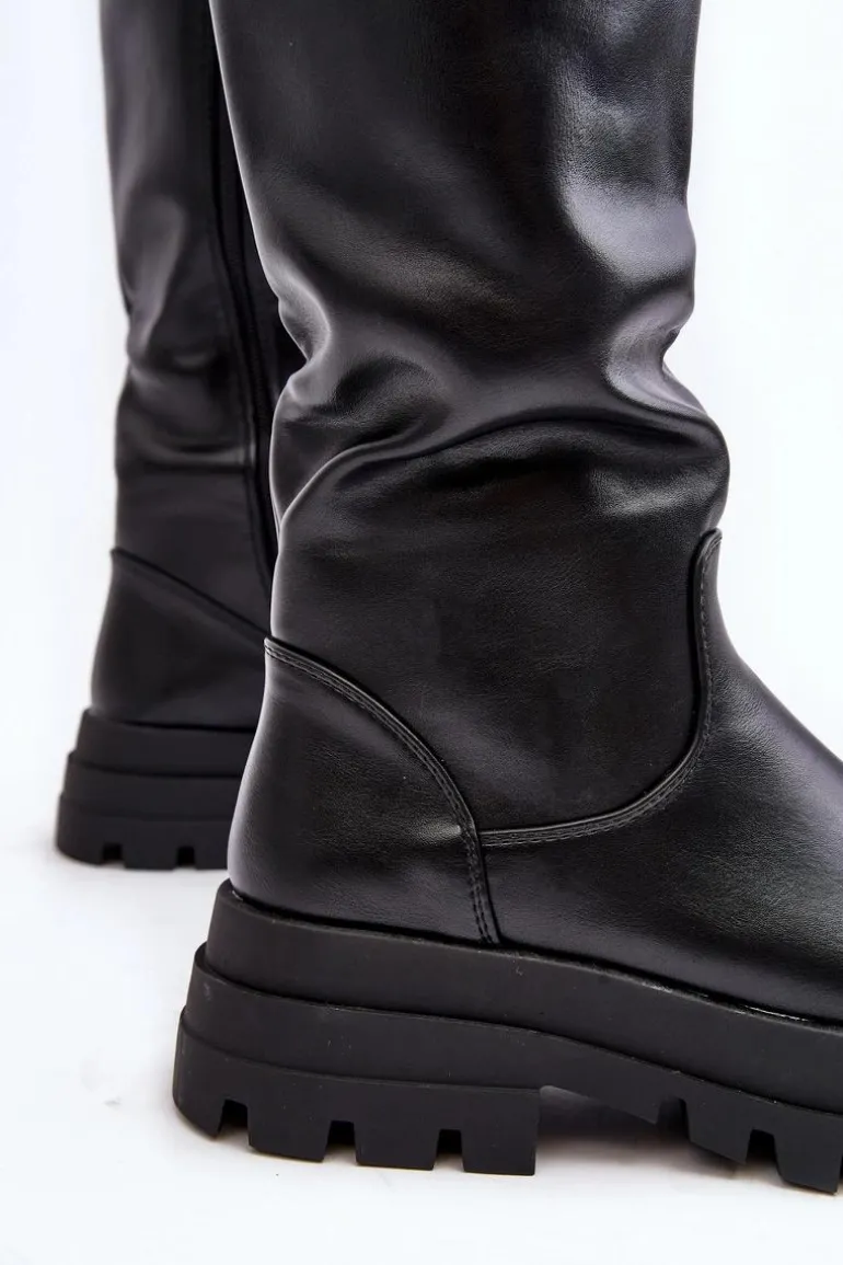 Damskie Kozaki Przed Kolano Na Grubej Podeszwie Czarne Beatrizia