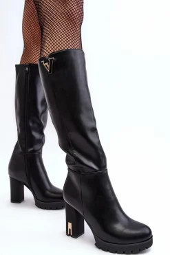 Damskie Kozaki Przed Kolano Na Słupku Czarne Ceesina