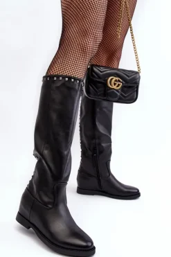 Damskie Kozaki Przed Kolano Zdobione Ćwiekami Czarne Bevitis