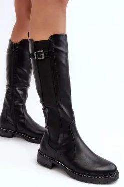Damskie Kozaki Przed Kolano Na Płaskim Obcasie Czarne Klemmo