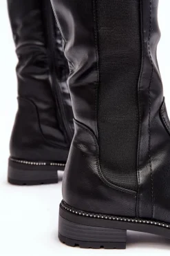 Damskie Kozaki Przed Kolano Na Płaskim Obcasie Czarne Klemmo